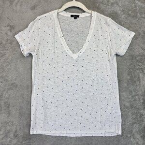 Rails Shirt Womens XS White Navy Mini Hearts V Neck Linen Blend Tee Short Sleeve